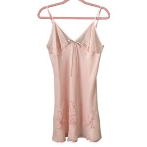 Y2K Coquette Slip Dress Womens Medium Peach Pink Floral Embroidered Nightgown